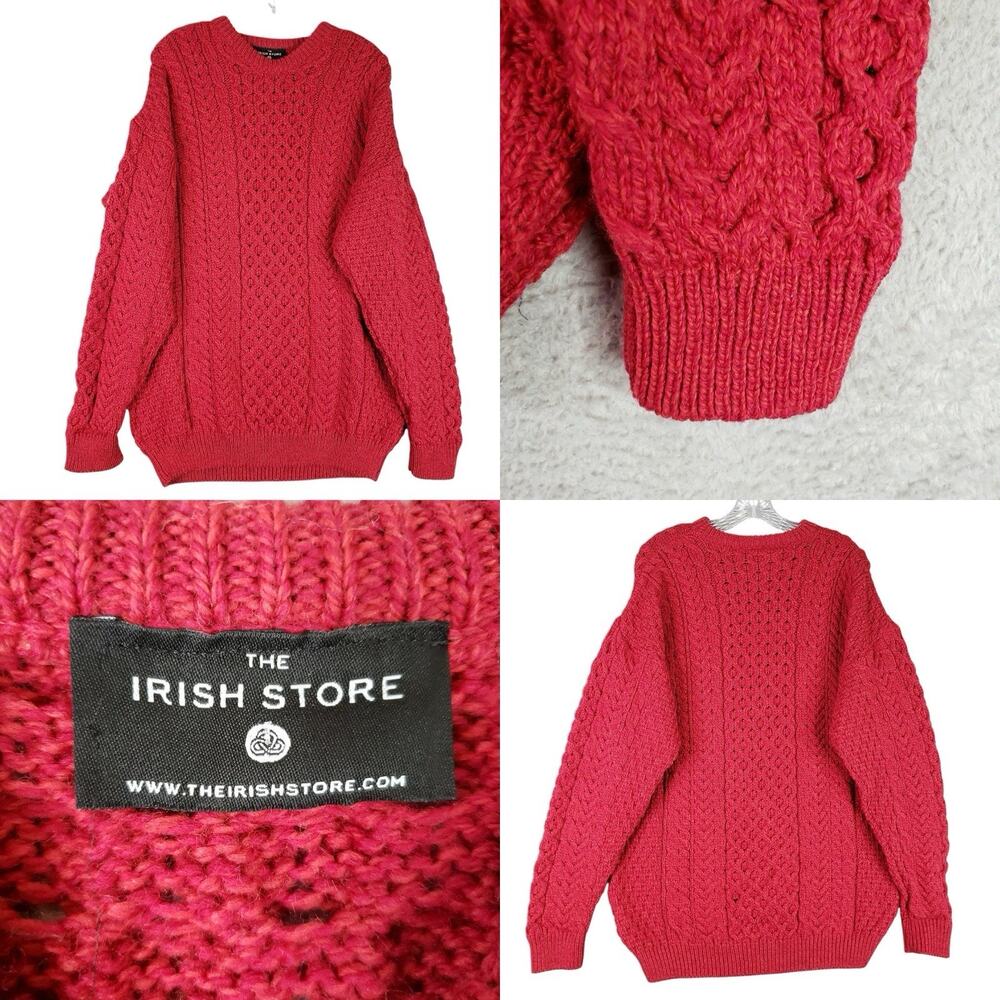 The Irish Store Red Crew Neck Aran Wool Sweater Size Large Pullover Chunky